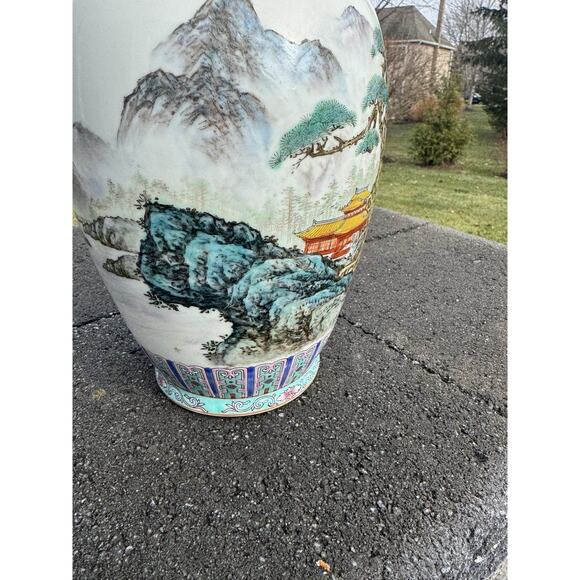 Vintage Chinese 14.5” Porcelain Vase Hand Painted Mountain Landscape Floral - Picture 5 of 8